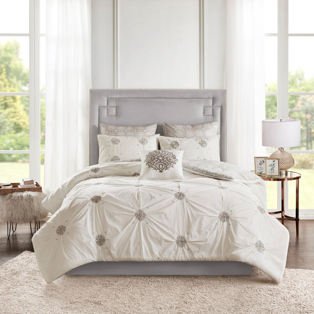 6 Piece Embroidered Cotton Reversible Comforter Set Ivory King/Cal King Media 13