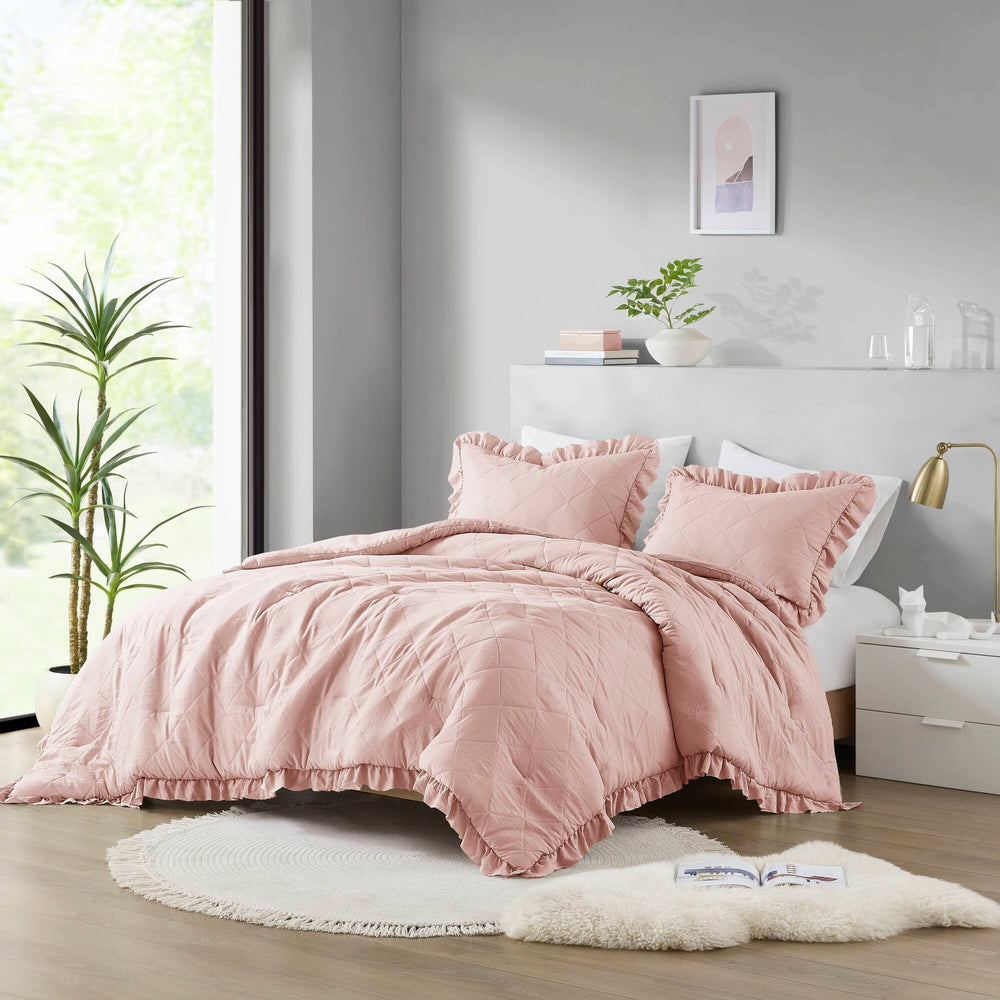 3-Piece Full/Queen Diamond Quilted Ruffle Edge Comforter Set Media 1