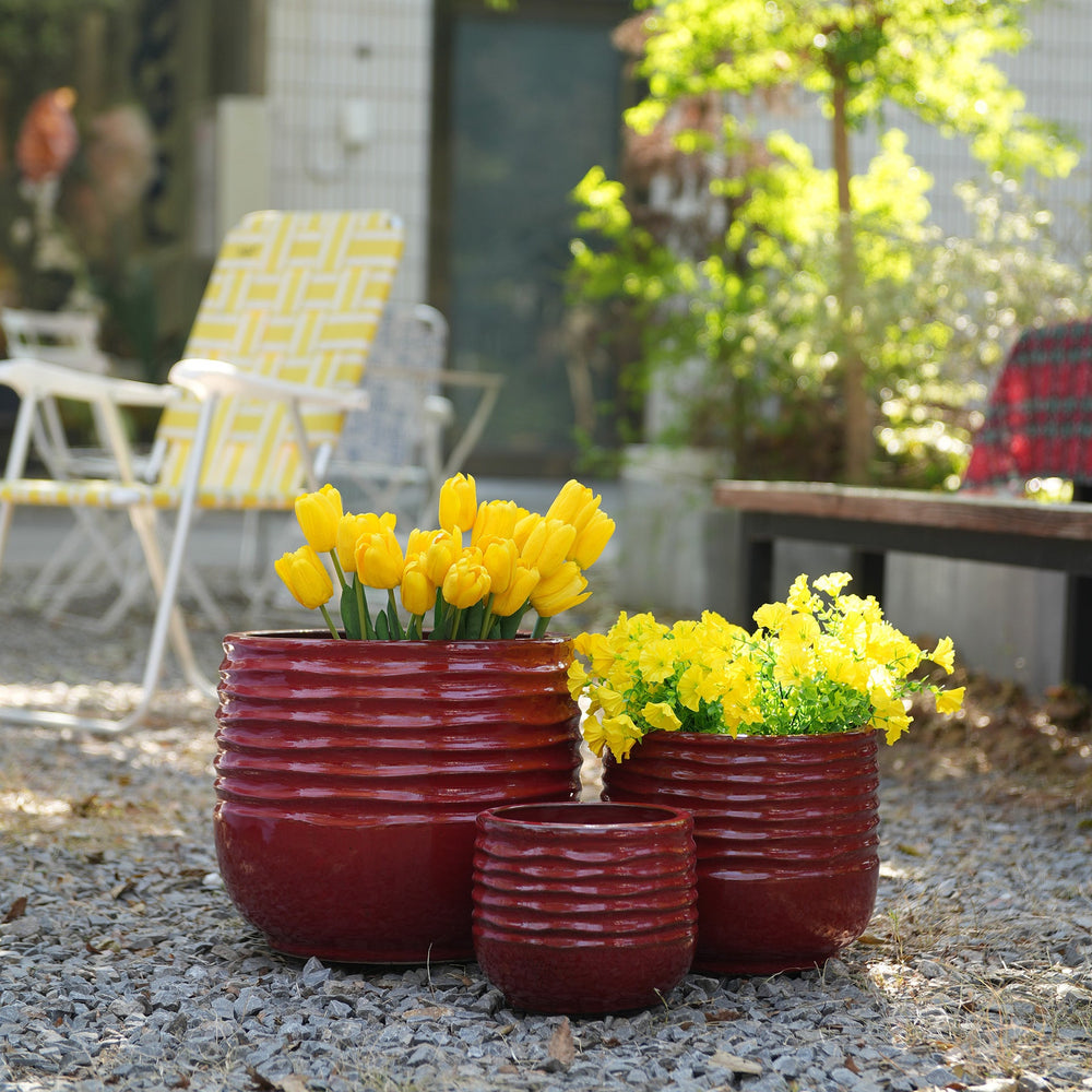 Handmade Glazed Ceramic Planter Set of 3, 15/11/8 Inch Diameter, Horizontal Groove Pattern, for Succulents & Flowering Plants Outdoor Garden & Indoor Staircase Bookshelf Use, Breathable Clay, Deep Red Media 1