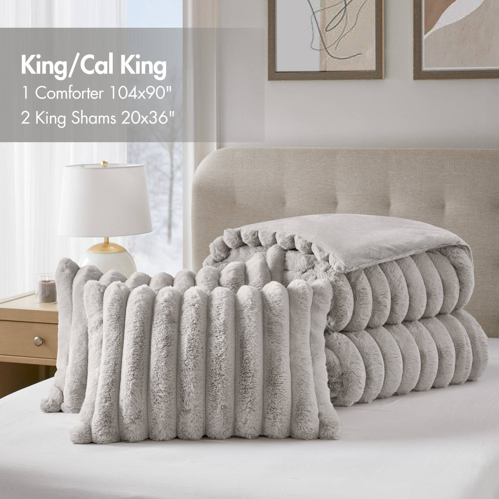 3 Pieces Full/Queen  soft Faux Fur Ribbed Comforter Set,Light Gray Media 5