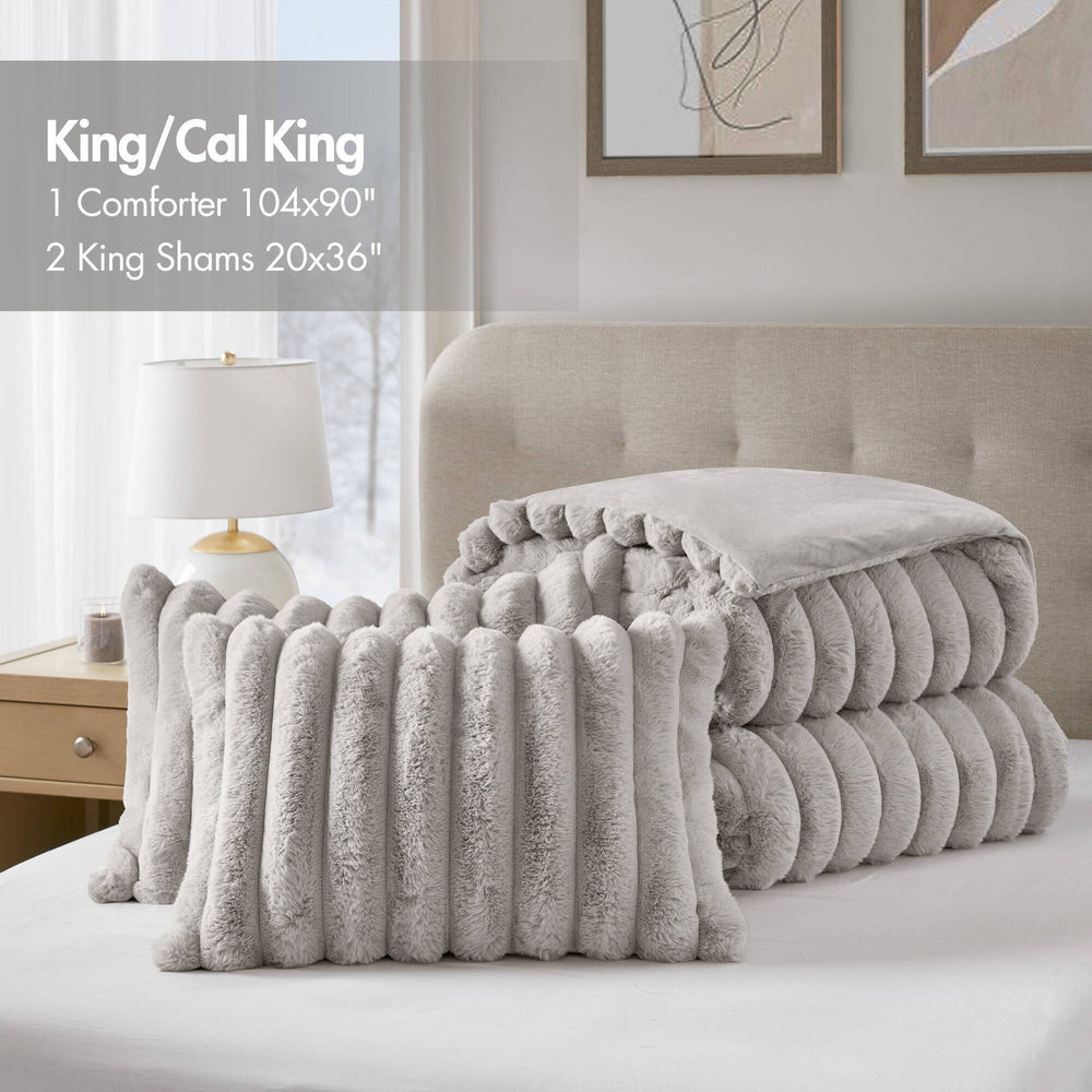 3 Pieces King  soft Faux Fur Ribbed Comforter Set,Light Gray Media 5