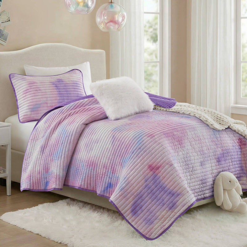 3 Pieces Twin/Twin XL Watercolor Tie Dye Printed Quilt Set with Throw Pillow,Purple