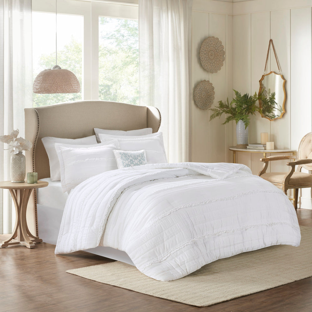 5 Piece   Ruffled Comforter Set White Cal King Media 1