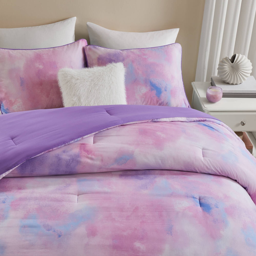 4 Pieces King/Cal King Watercolor Tie Dye Printed Comforter Set with Throw Pillow,Purple Media 18