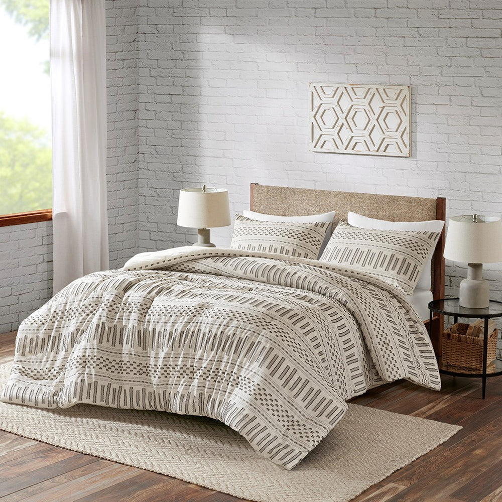 Cotton Jacquard Comforter Mini Set Ivory/Charcoal Full/Queen Media 1