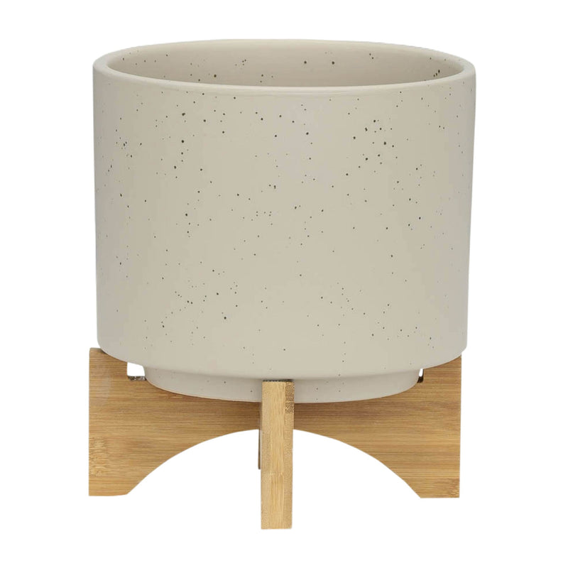 S/2 5/8' PLANTER W/ WOOD STAND, MATTE BEIGE