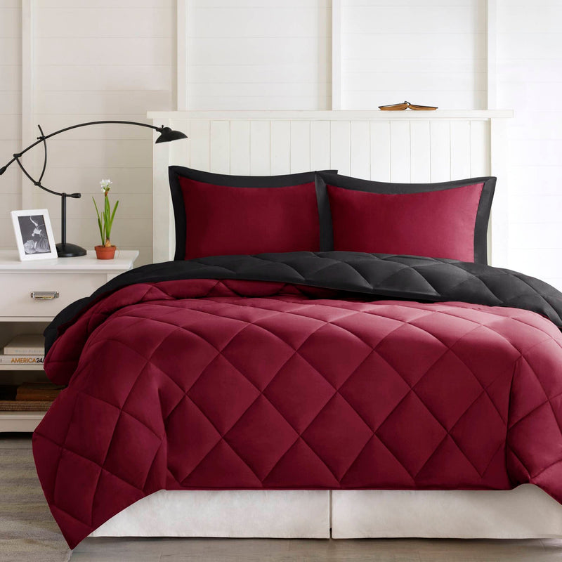 3 Pieces King/Cal King 3M Scotchgard Diamond Quilting Reversible Down Alternative Comforter Set,Red+Black