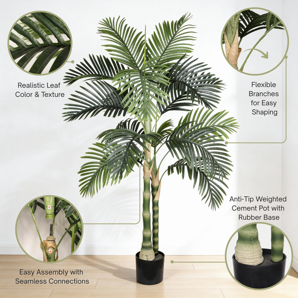 5FT Golden Cane Artificial Palm Tree with Black Plastic Pot, Tropical Fake Plant for Indoor Outdoor Decoration, Faux Palm, 1pc/set Media 4