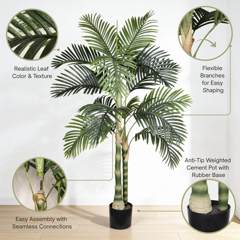 5FT Golden Cane Artificial Palm Tree with Black Plastic Pot, Tropical Fake Plant for Indoor Outdoor Decoration, Faux Palm, 1pc/set