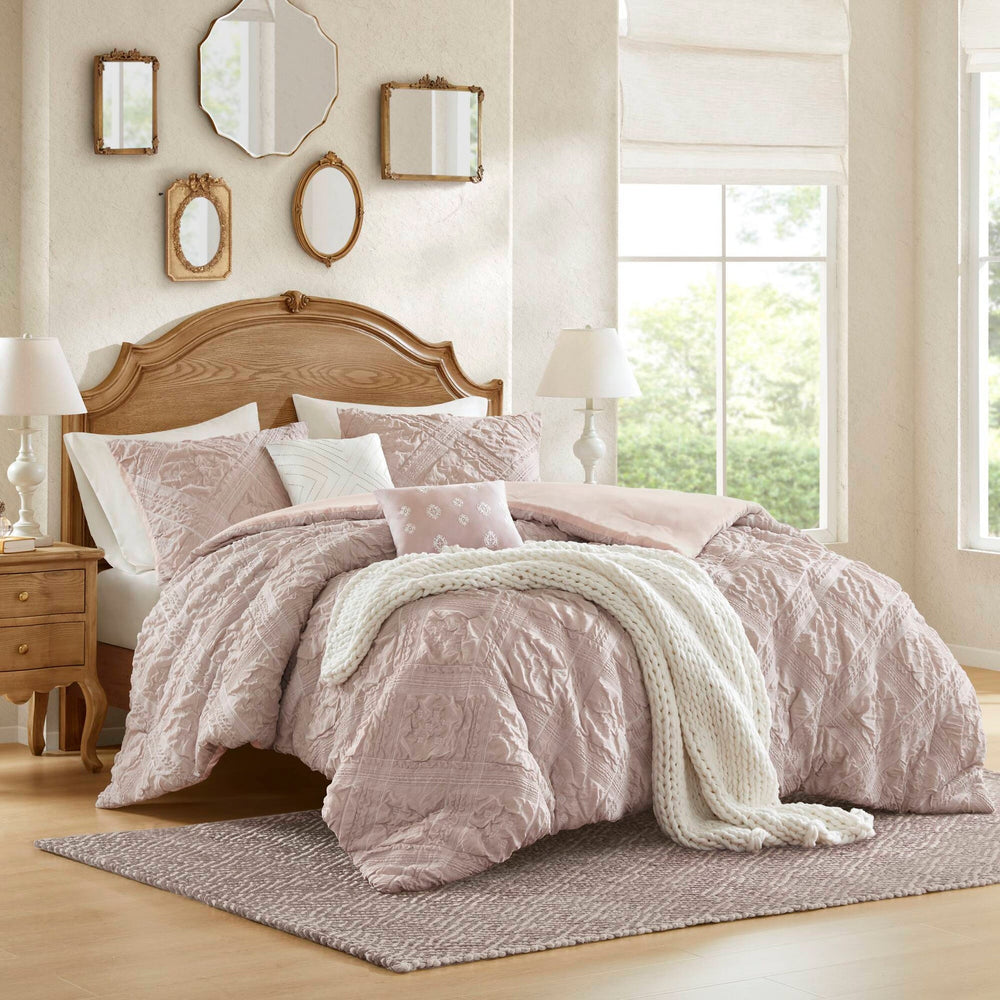 5-Piece Full/Queen 5 Piece Sculpted jacquard comforter set,Pink Media 1