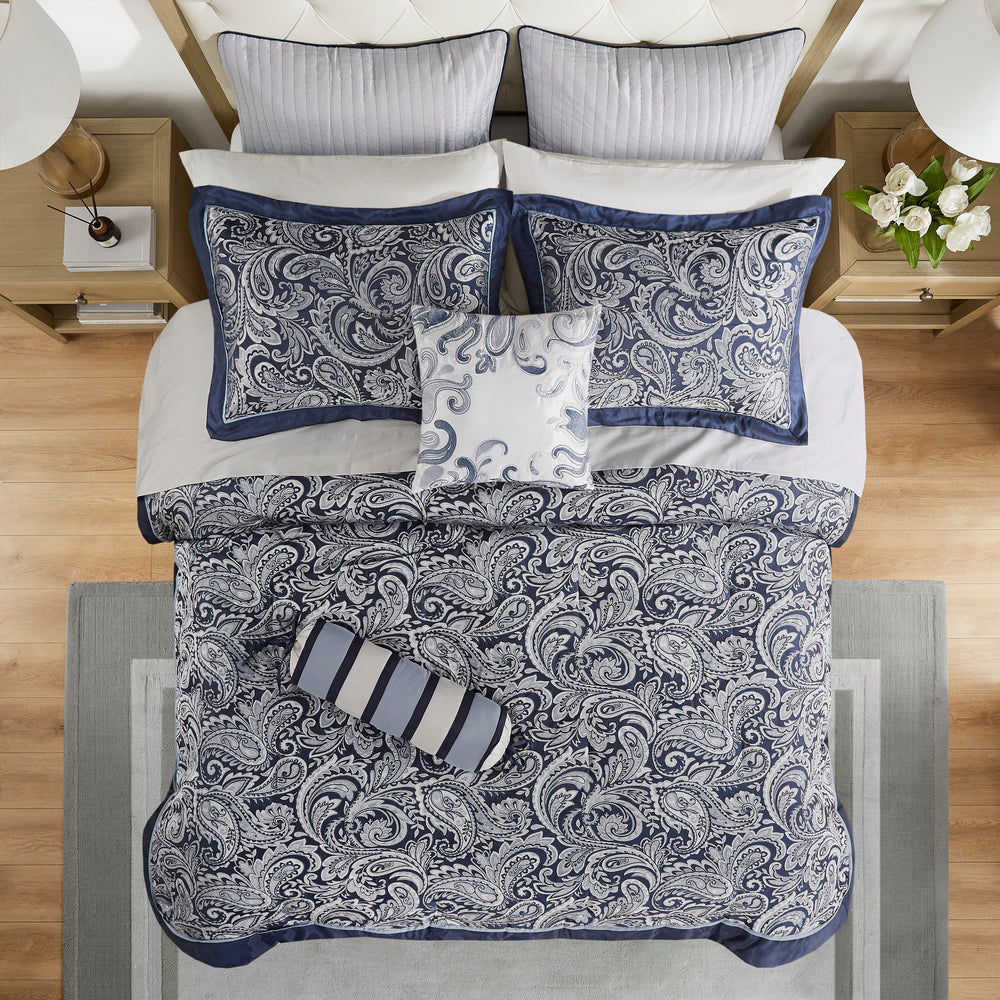 12 Piece Comforter Set with Cotton Bed Sheets Navy Queen Media 6
