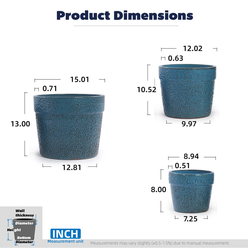Handmade Ceramic Planter Set of 3, 15/12/9 Inch Diameter, Blue Textured Pattern, for Succulents & Indoor Plants, Windowsill & Bookshelf Use, Breathable Clay