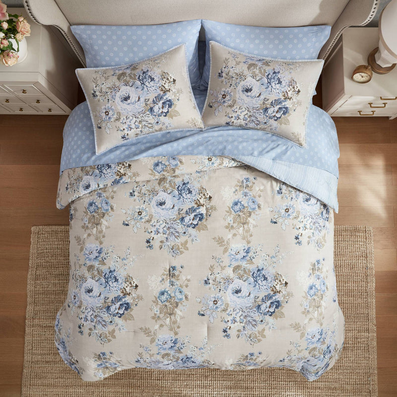 5-Piece Twin 5 Piece Vin -inspired Collection floral print,Beige/Blue