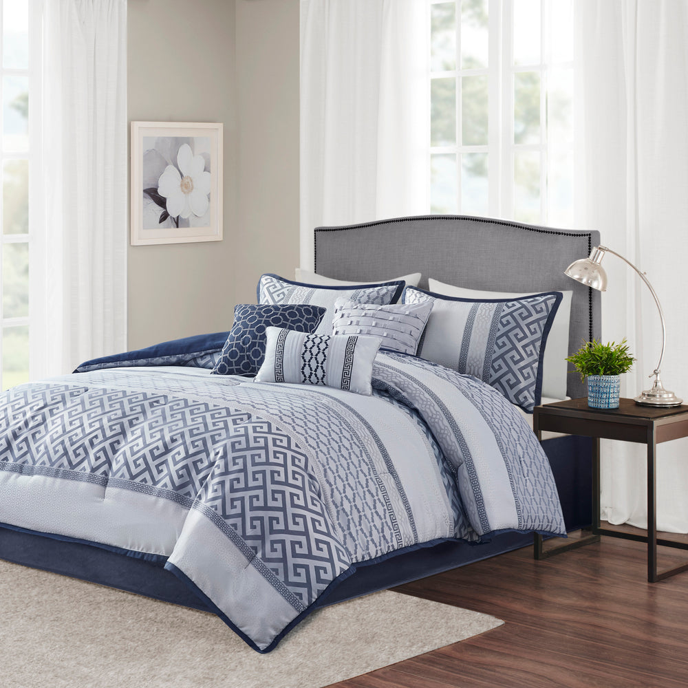 7 Piece Jacquard Comforter Set Navy King Media 1