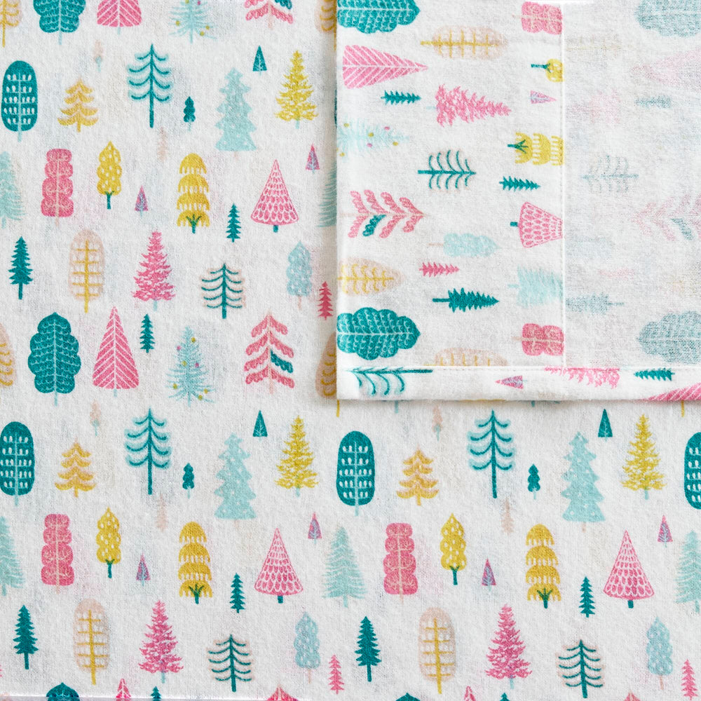 4 PCS Queen Cotton Printed Sheet Set White Holiday Trees Media 16
