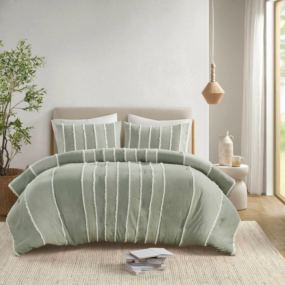 3 Piece Striped Cotton Comforter Set Sage Full/Queen Media 5