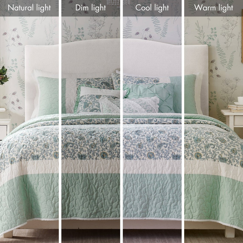 6 Piece Cotton Percale Quilt Set with Throw Pillows Aqua Full/Queen Media 10