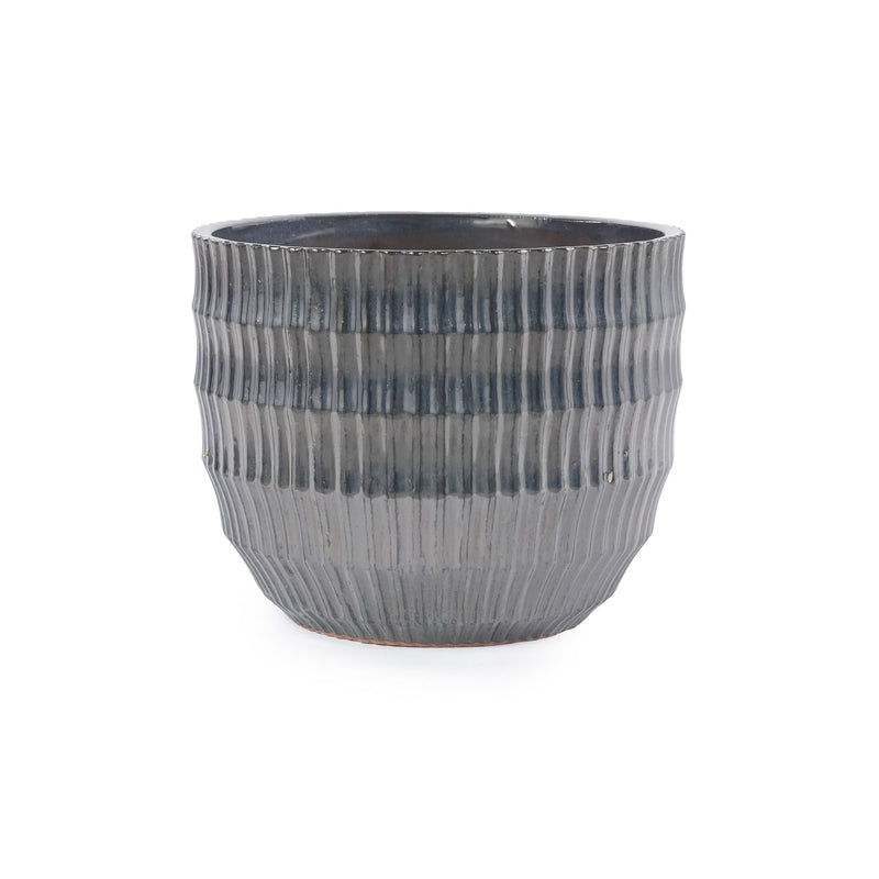 Handmade Matte Metallic Charcoal Gradient Glaze Ceramic Planter Set of 4, 7/9/12/14 Inch, Horizontal Grooves, Indoor & Outdoor Herb Succulent Pots, Breathable Clay with Drainage Holes