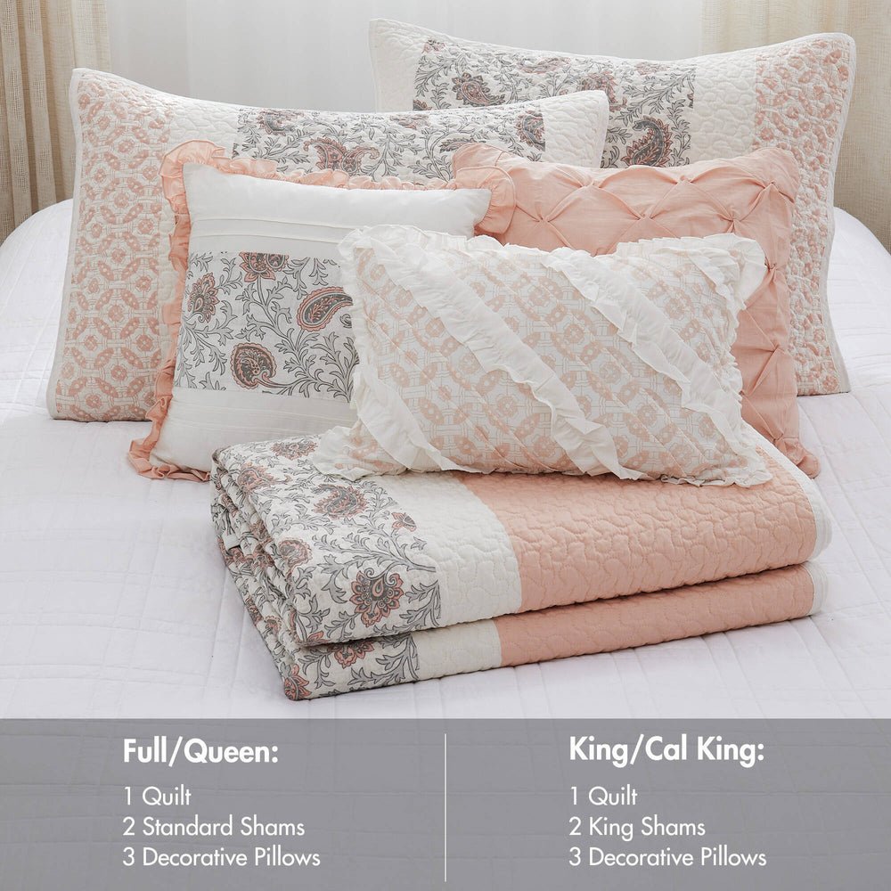 6 Piece Cotton Percale Quilt Set with Throw Pillows Blush Full/Queen Media 7