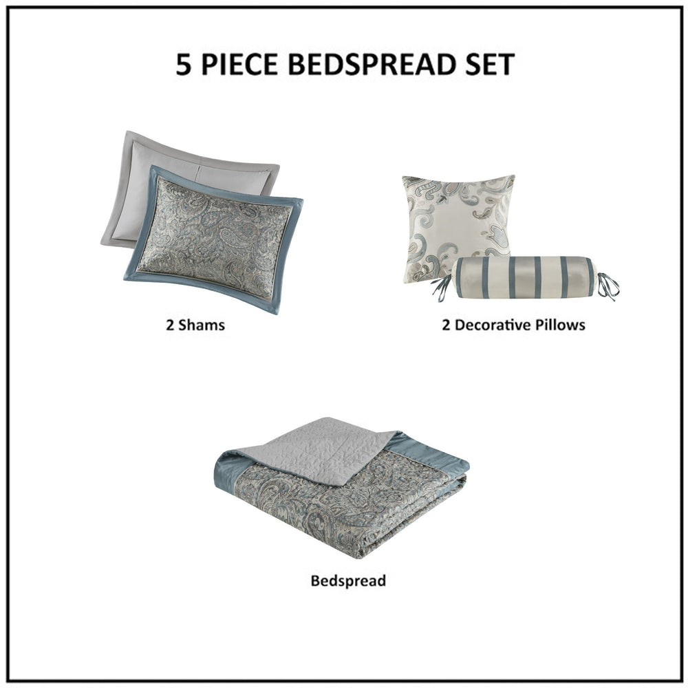 5 Piece Jacquard Bedspread Set with Throw Pillows Teal King Media 5