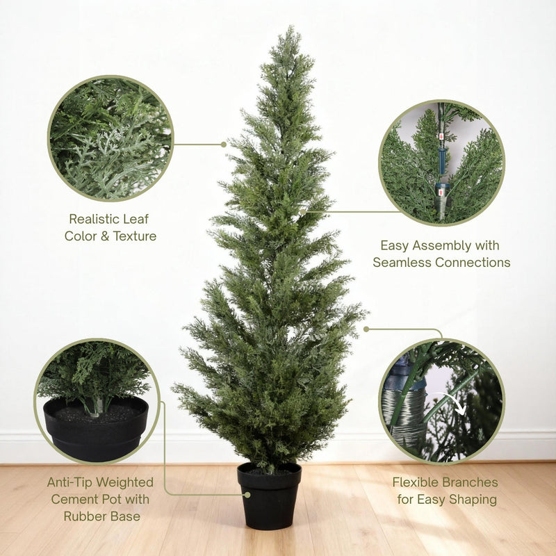Realistic Artificial Cypress Tree in Black Plastic Pot, UV Resistant Green Fabric Leaves, 60-Inch Indoor Outdoor Topiary Plant for Garden or Entryway Decoration