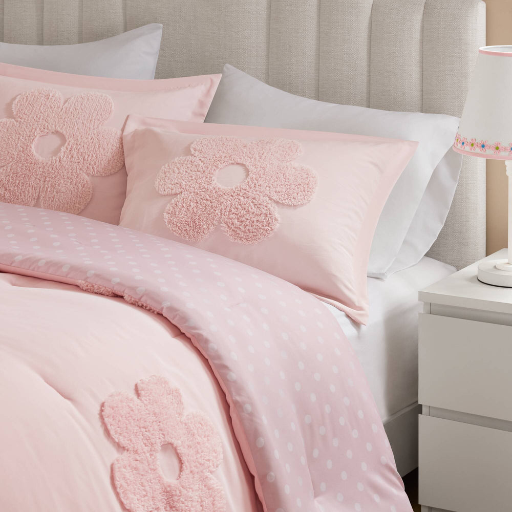 4-Piece Full/Queen Floral Reversible Tufted Chenille Comforter Set with Flower Throw Pillow,Pink Media 12