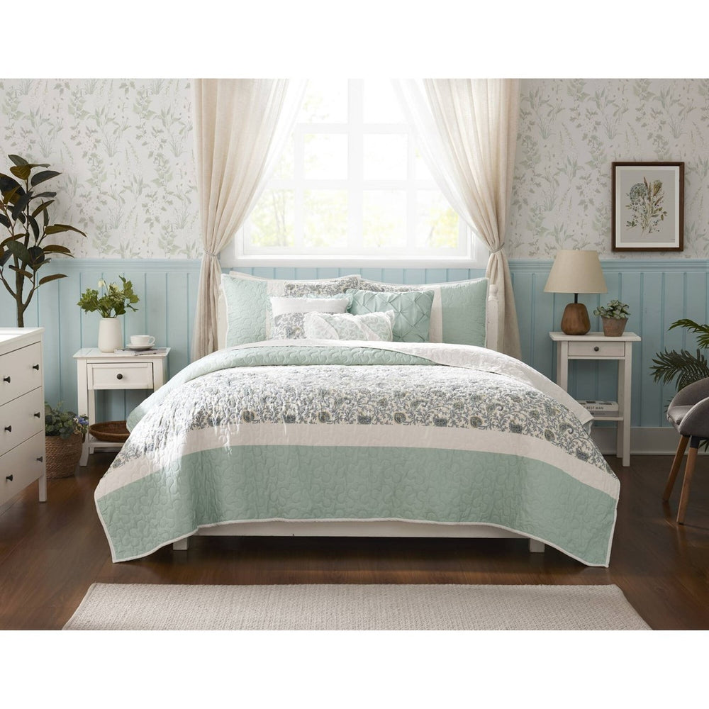 6 Piece Cotton Percale Quilt Set with Throw Pillows Aqua Full/Queen Media 5