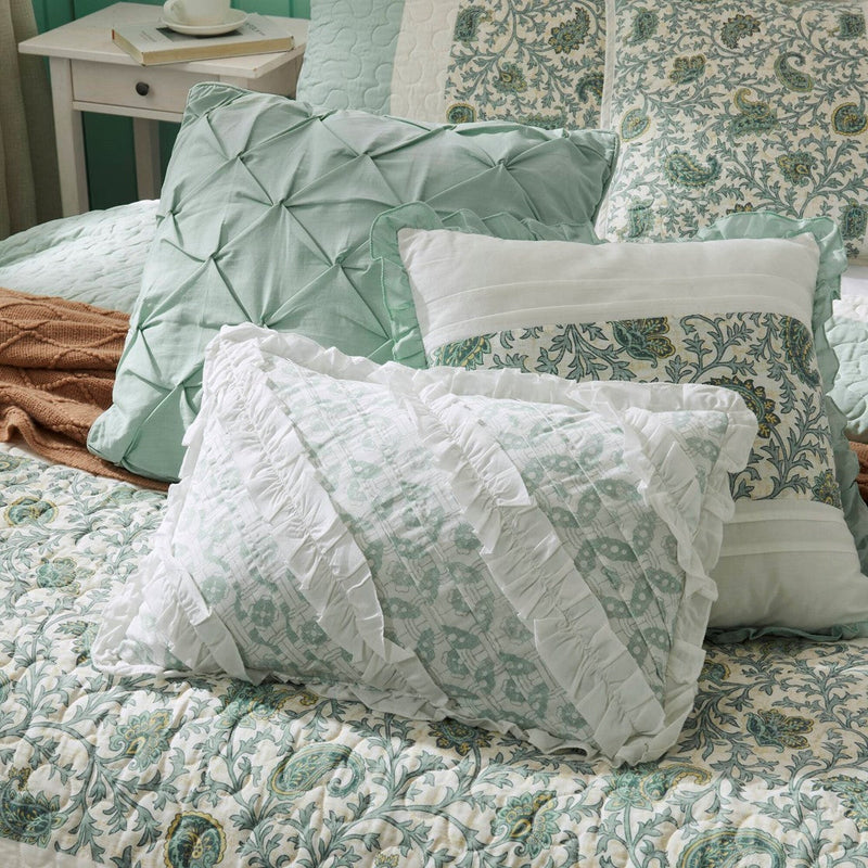 6 Piece Cotton Percale Quilt Set with Throw Pillows Aqua Full/Queen
