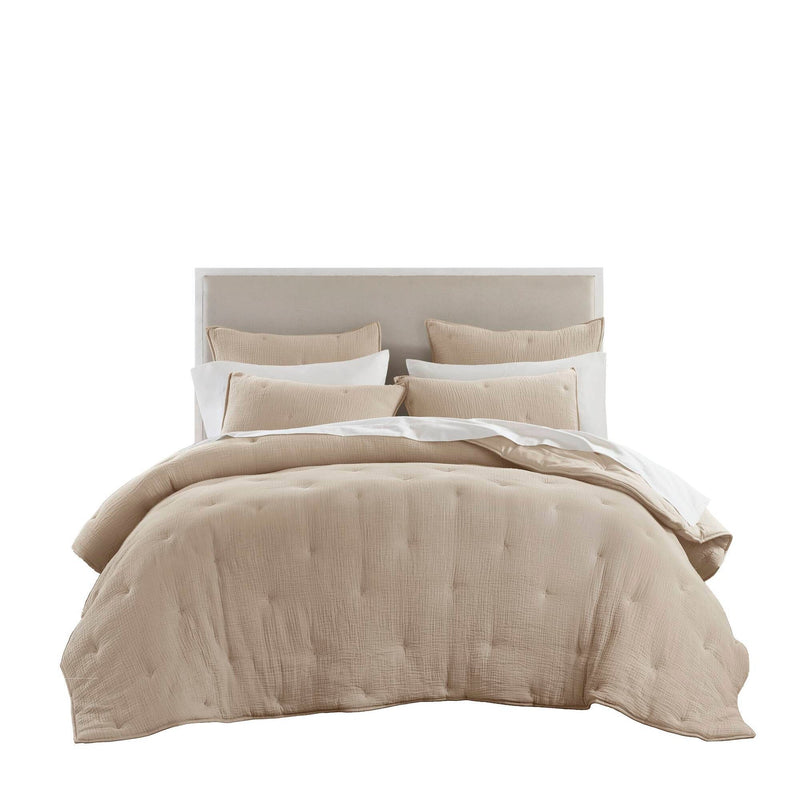 3-Piece Full/Queen Cotton  Embroidered Quilt Set,Taupe