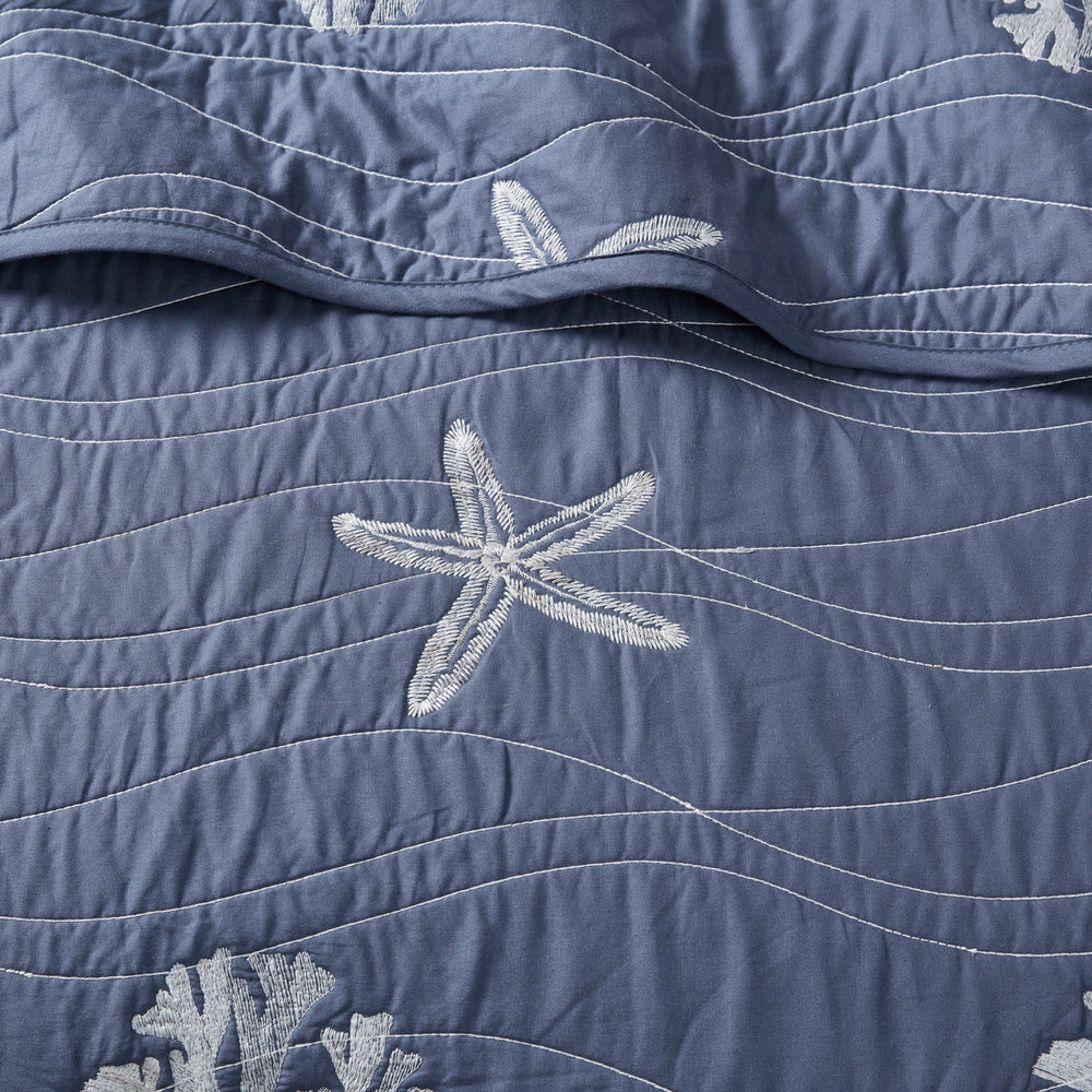 4 Piece Cotton Reversible Embroidered Quilt Set with Throw Pillow Navy King/Cal King Media 9