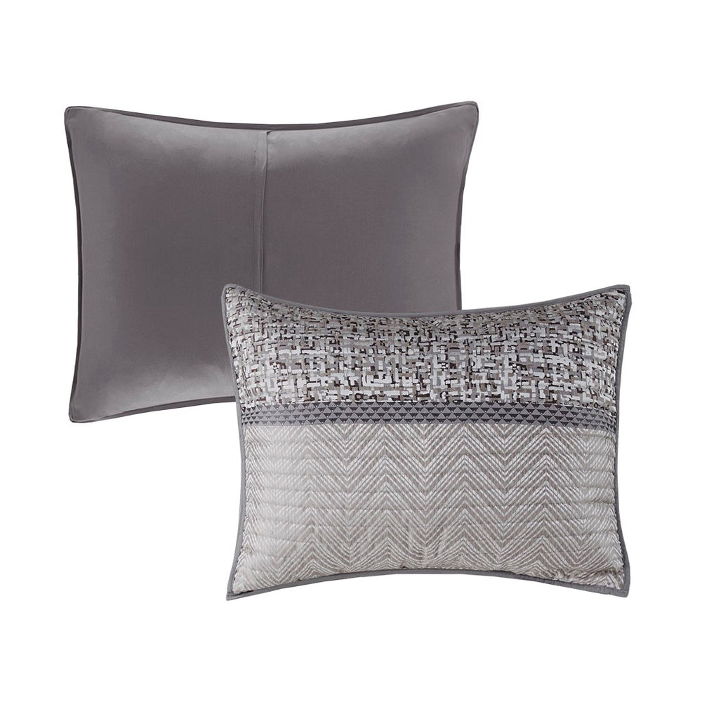 6 Piece Reversible Jacquard Quilt Set with Throw Pillows Grey/Taupe Full/Queen Media 14