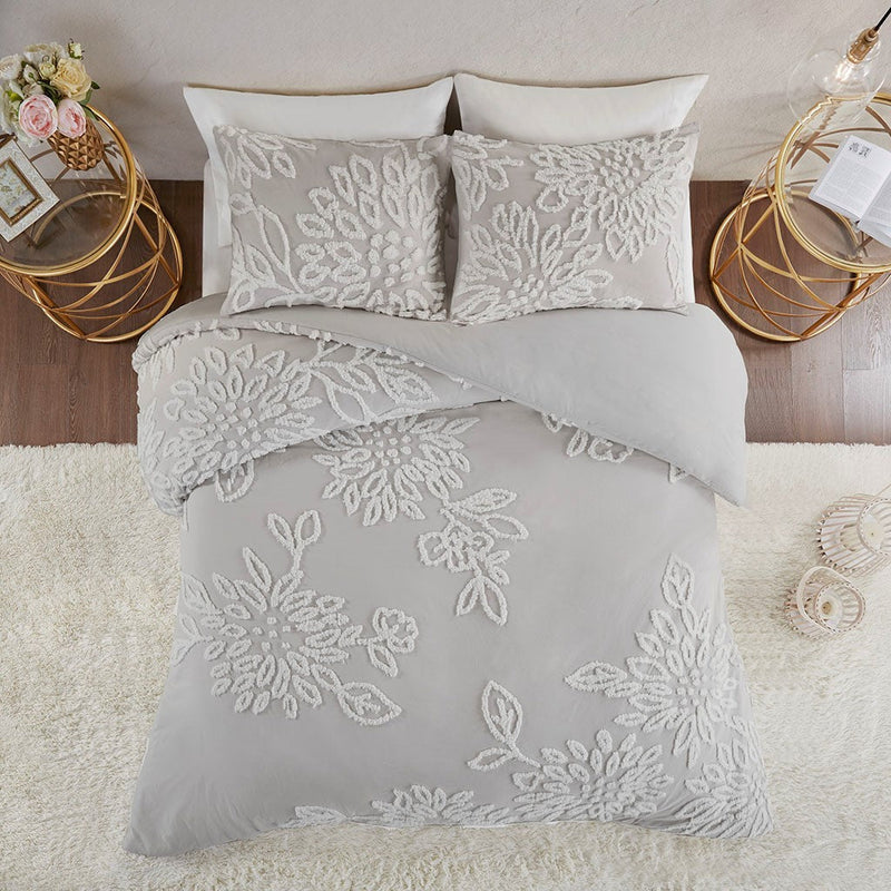 Full/Queen 3 Piece Tufted Cotton Chenille Floral Duvet Cover Set