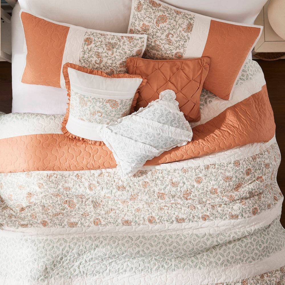 6 Piece Cotton Percale Quilt Set with Throw Pillows Coral Full/Queen Media 10