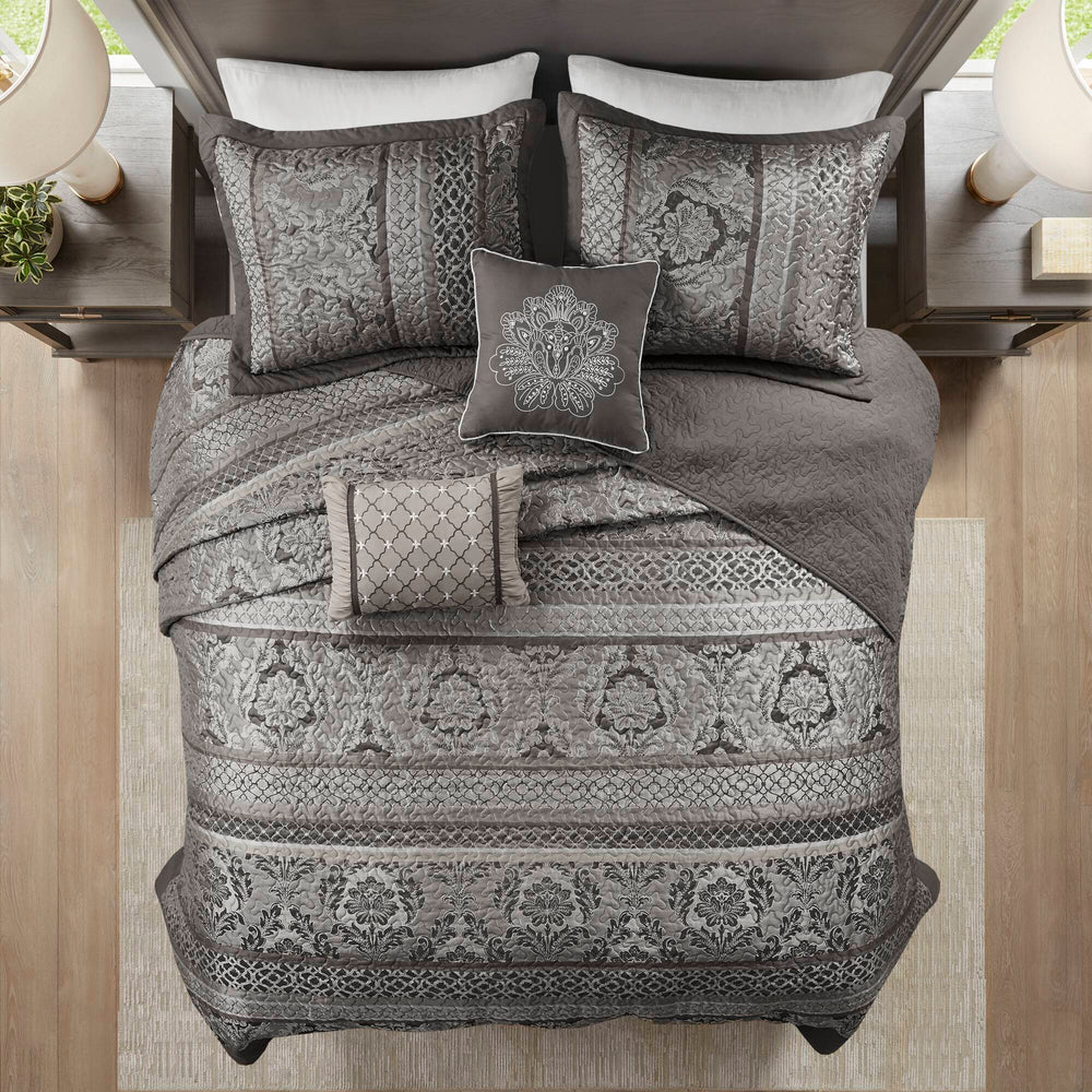 5-Piece King 5 Piece Reversible Jacquard Bedspread Set,Grey Media 7