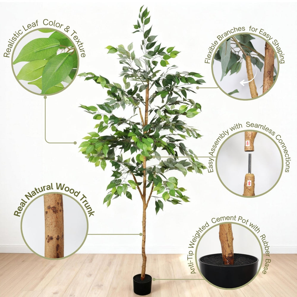 6FT Artificial Ficus Tree with Natural Trunk in Black Plastic Pot for Indoor Home Office Decor, 1pc/set Media 11