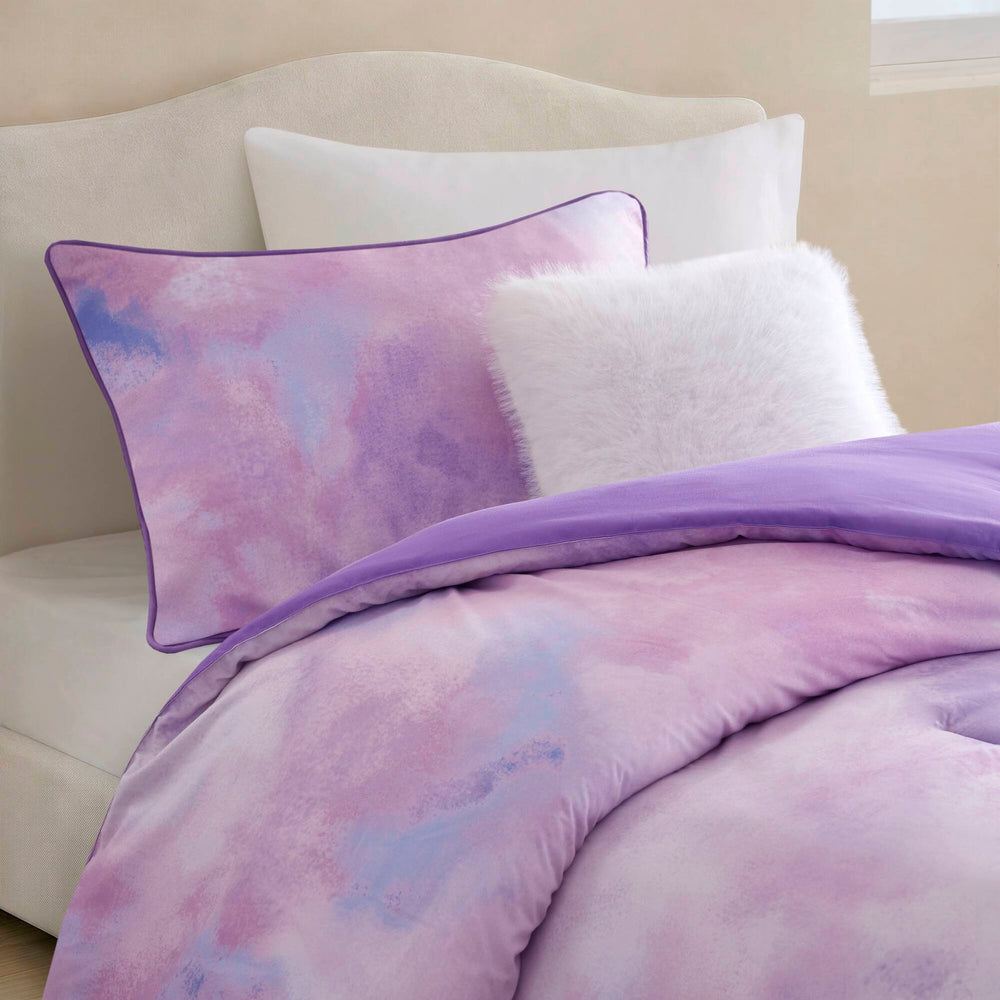 3 Pieces Twin/Twin XL Watercolor Tie Dye Printed Comforter Set with Throw Pillow,Purple Media 16