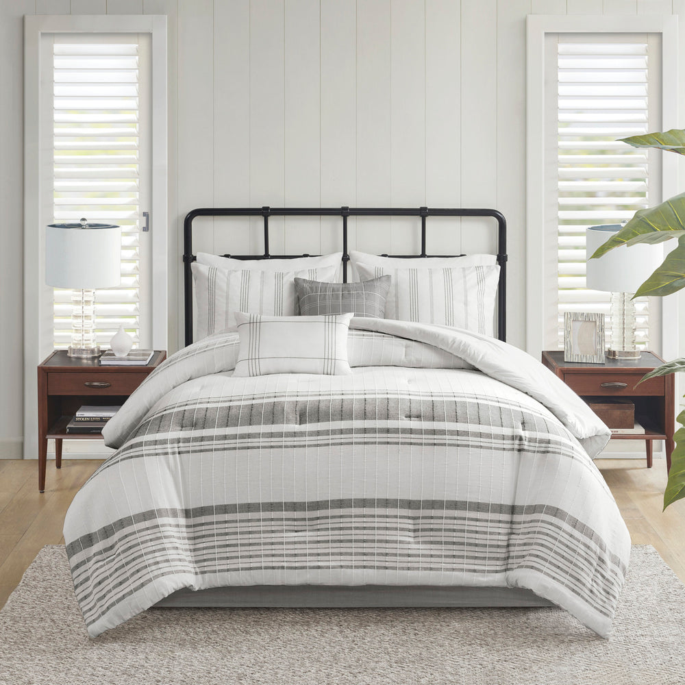 6 Piece Cotton Jacquard Oversized Comforter Set White/Grey Queen Media 1