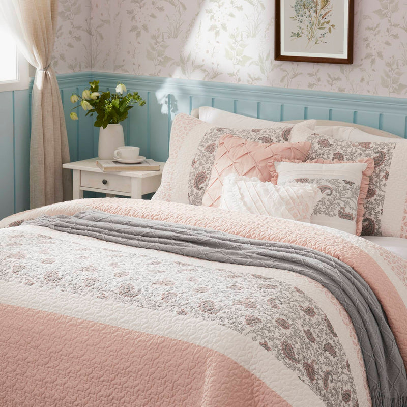 6 Piece Cotton Percale Quilt Set with Throw Pillows Blush King/Cal King