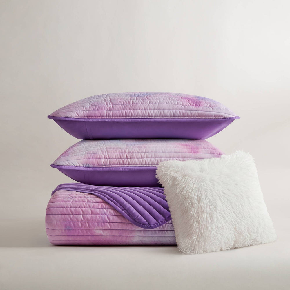 4 Pieces Full/Queen Watercolor Tie Dye Printed Quilt Set with Throw Pillow,Purple Media 17