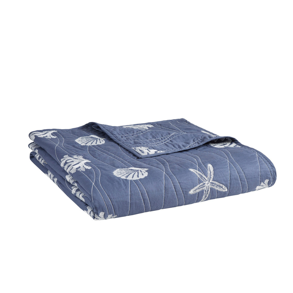 4 Piece Cotton Reversible Embroidered Quilt Set with Throw Pillow Navy Full/Queen Media 10