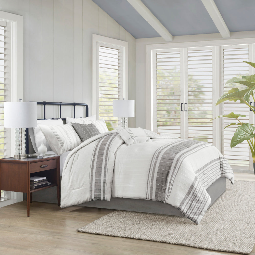 6 Piece Cotton Jacquard Oversized Comforter Set White/Grey Queen Media 2