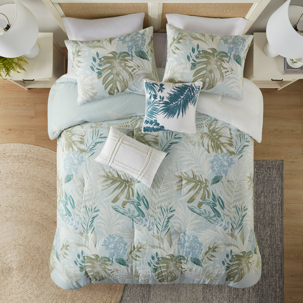 6 Piece Oversized Cotton Comforter Set with Throw Pillow Blue Cal King Media 2