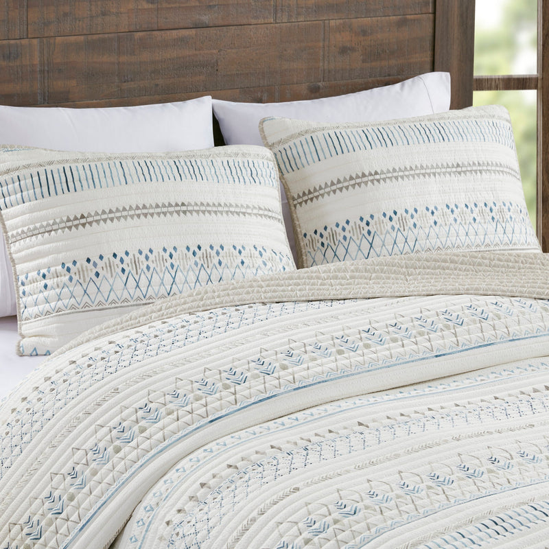 3 Piece   Seersucker Quilt Set Taupe/Blue King/Cal King