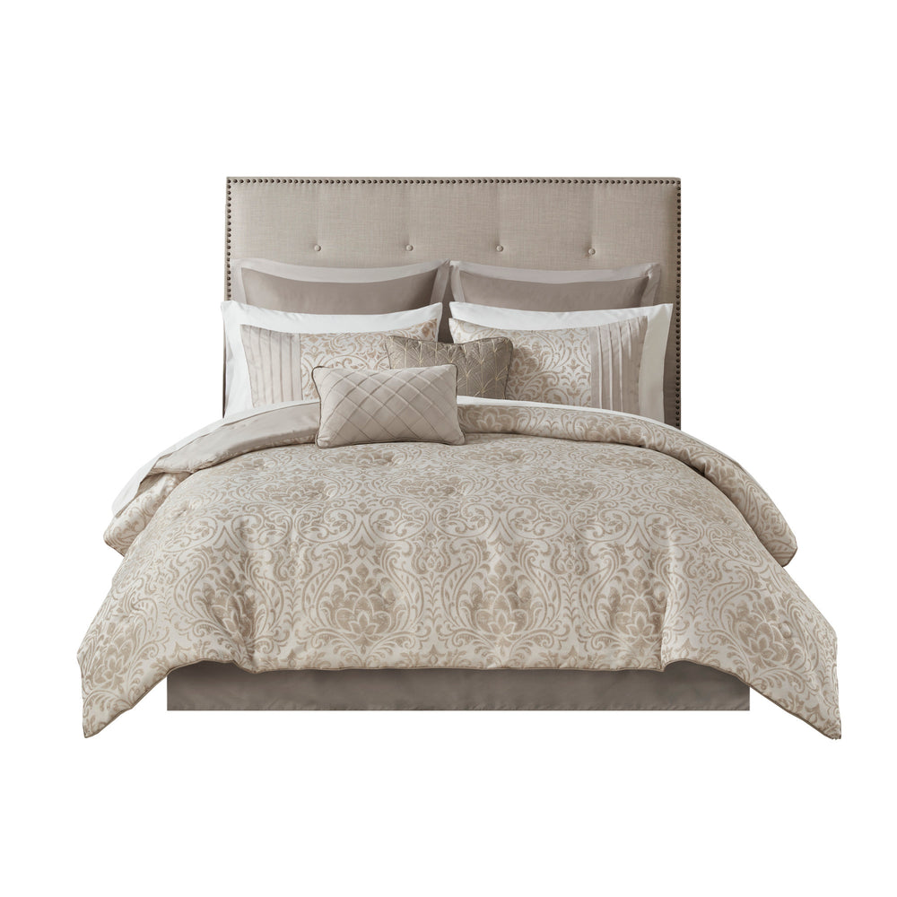 12 Piece Jacquard Comforter Set with Bed Sheets Khaki Cal King Media 17