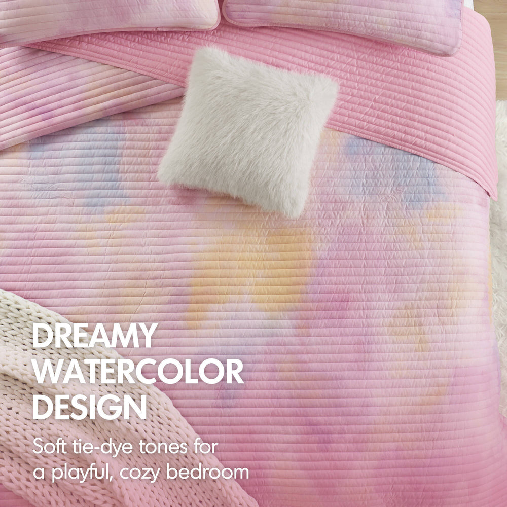 3 Pieces Twin/Twin XL Watercolor Tie Dye Printed Quilt Set with Throw Pillow,Pink Media 7
