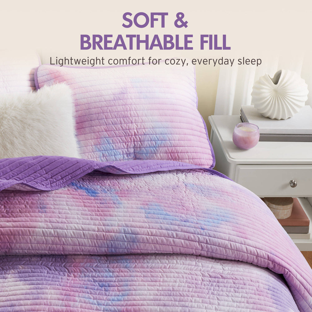 3 Pieces Twin/Twin XL Watercolor Tie Dye Printed Quilt Set with Throw Pillow,Purple Media 5