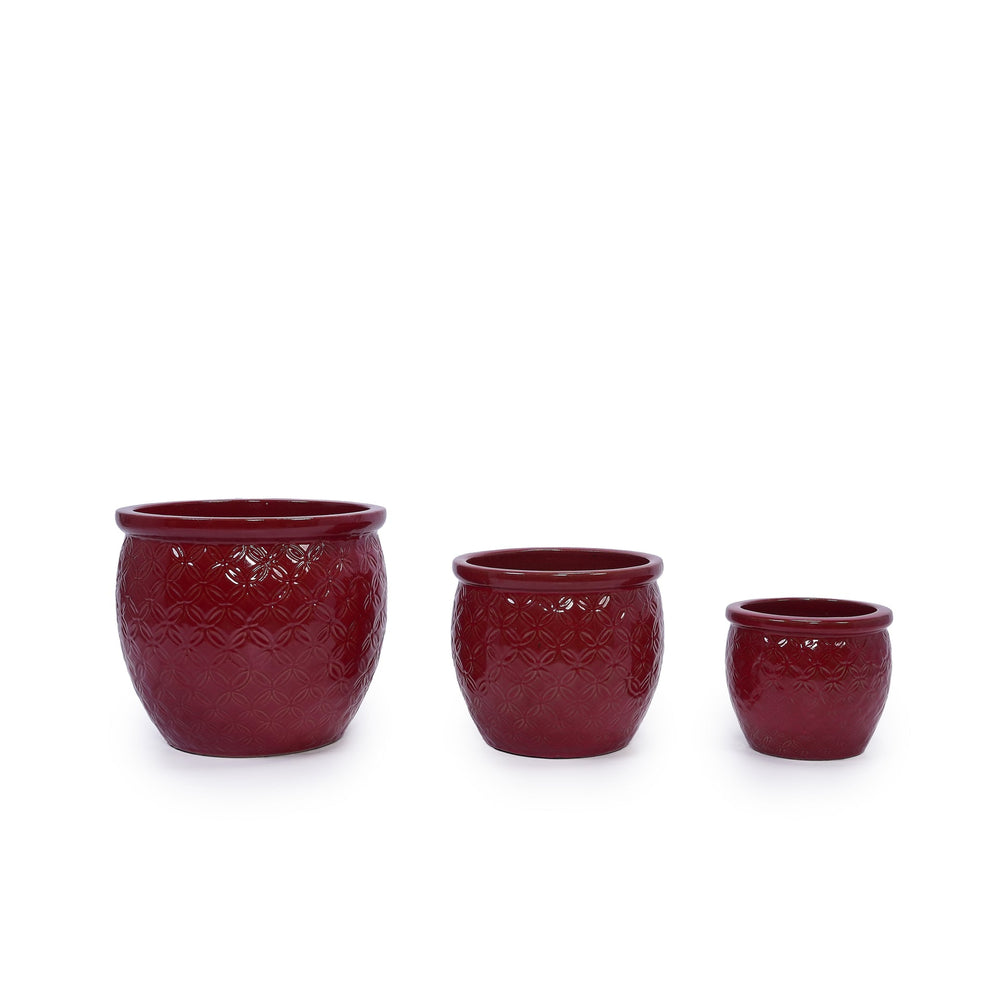Handmade Ceramic Flower Pot Set of 3, 15/12/10 Inch Diameter, Deep Red with Floral Embossed Pattern, for Orchids Indoor/Outdoor Use on Windowsill & Bookshelf, Breathable Clay Media 17