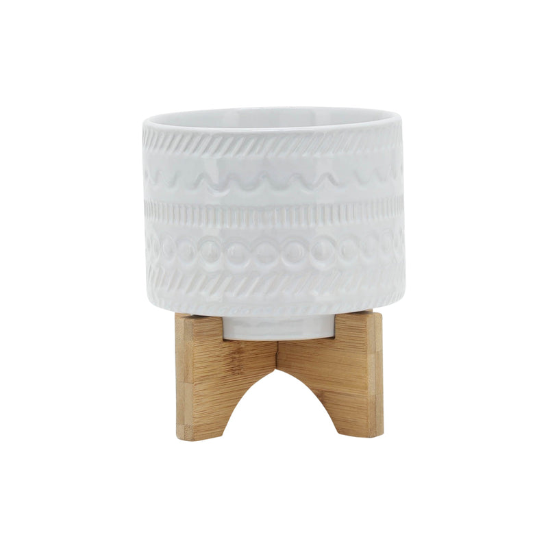 5' TRIBAL PLANTER W/ WOOD STAND, WHITE