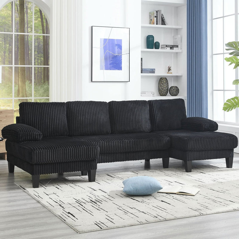 U Shaped Sofa Wood Frame Oversized Four-Seater Living Room Black Upholstery