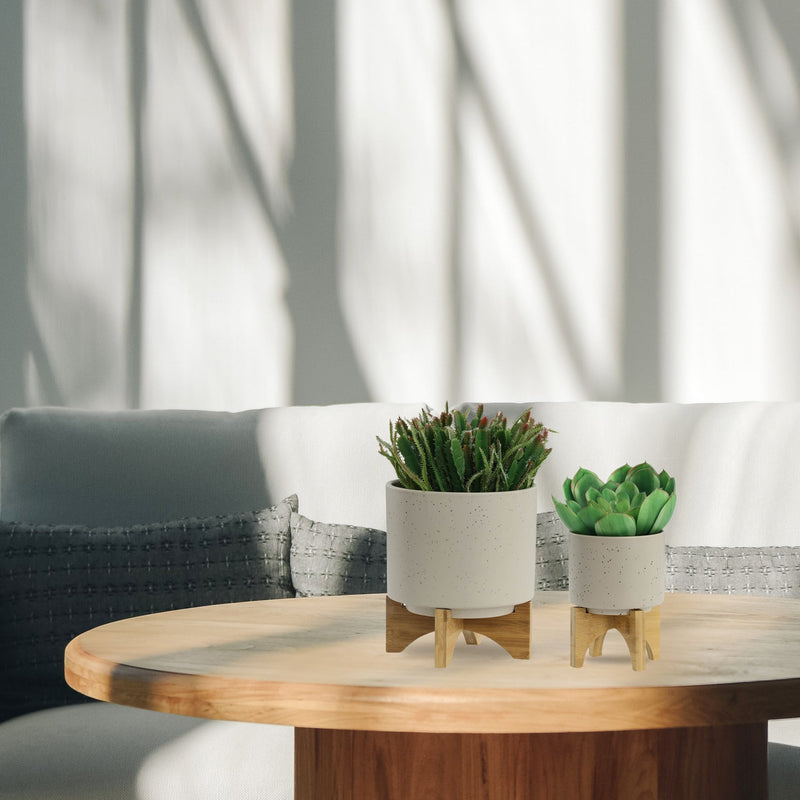 S/2 5/8' PLANTER W/ WOOD STAND, MATTE BEIGE